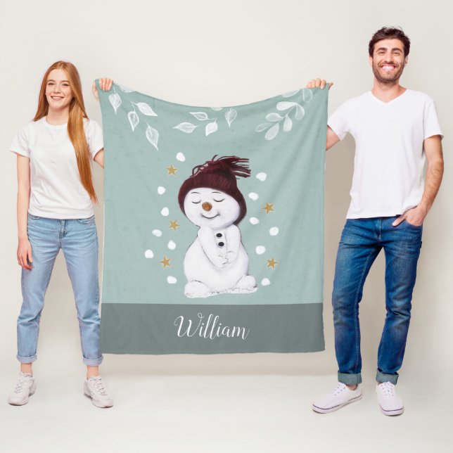 Cute Lycklig Snögubbe Winter Blue jul Fleecefilt (På plats)