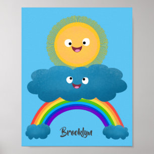 Cute lycklig sol molnregnbåge tecknad poster