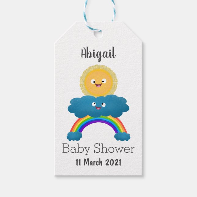 Cute lycklig sol molnregnbåge tecknad presentetikett (Framsidan)