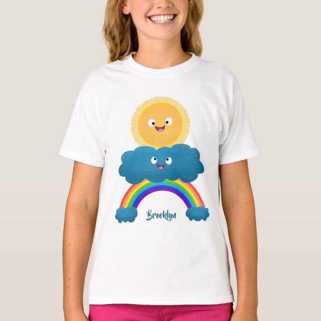 Cute lycklig sol molnregnbåge tecknad t shirt (Framsida)