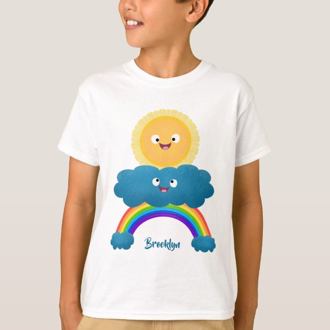 Cute lycklig sol molnregnbåge tecknad t shirt (Framsida)