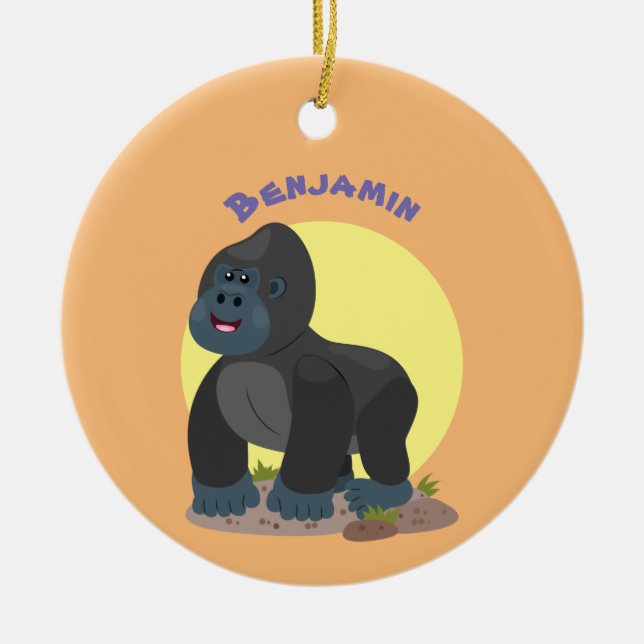 Cute lycklig stor gorilla-tecknad julgransprydnad keramik (Framsidan)