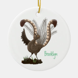 Cute lycklig superb lyrebird tecknad illustration julgransprydnad keramik