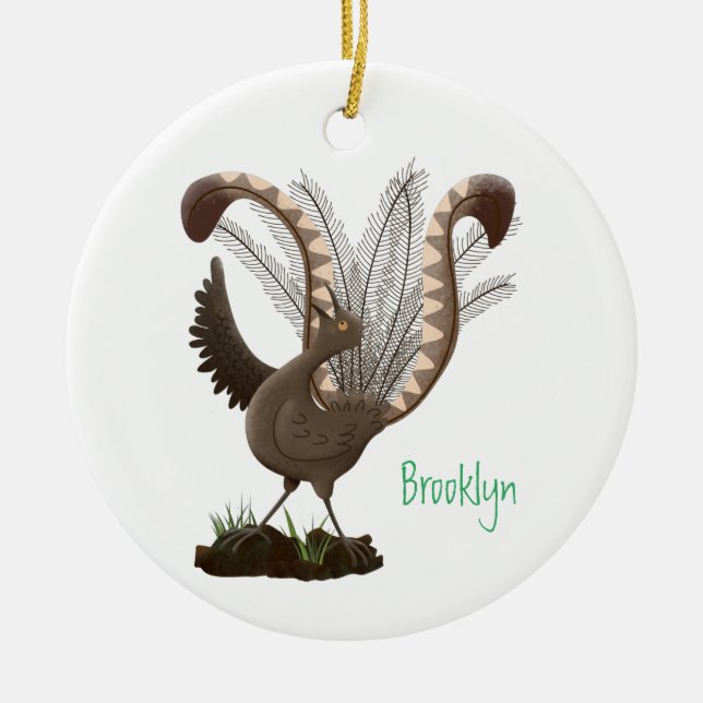 Cute lycklig superb lyrebird tecknad illustration julgransprydnad keramik (Framsidan)