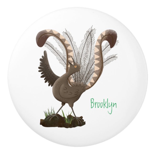 Cute lycklig superb lyrebird tecknad illustration knopp (Framsidan)