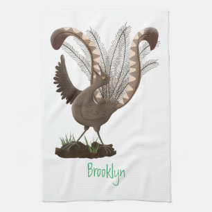 Cute lycklig superb lyrebird tecknad illustration kökshandduk