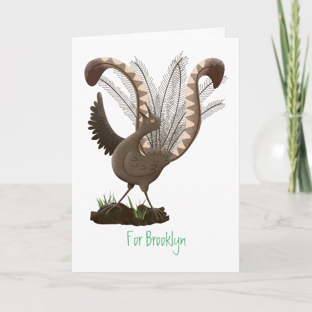 Cute lycklig superb lyrebird tecknad illustration kort (Framsida)