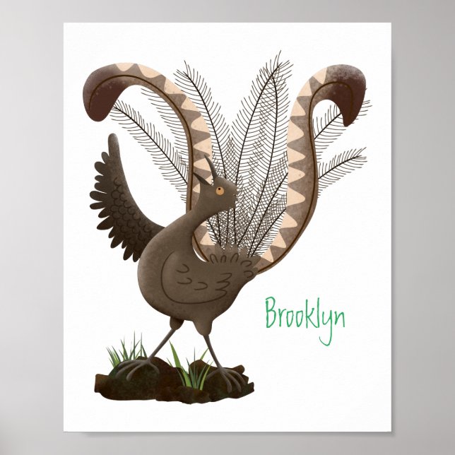 Cute lycklig superb lyrebird tecknad illustration poster (Framsidan)