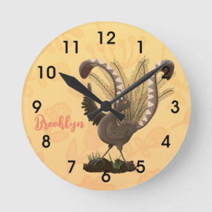 Cute lycklig superb lyrebird tecknad illustration rund klocka
