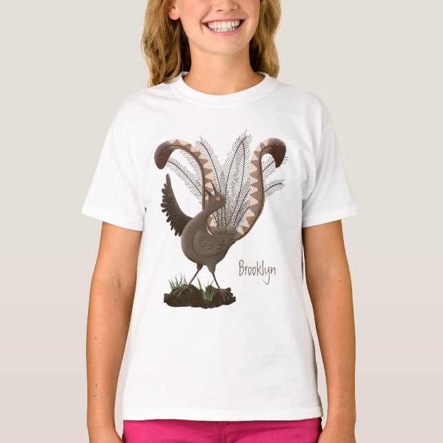 Cute lycklig superb lyrebird tecknad illustration t shirt (Framsida)