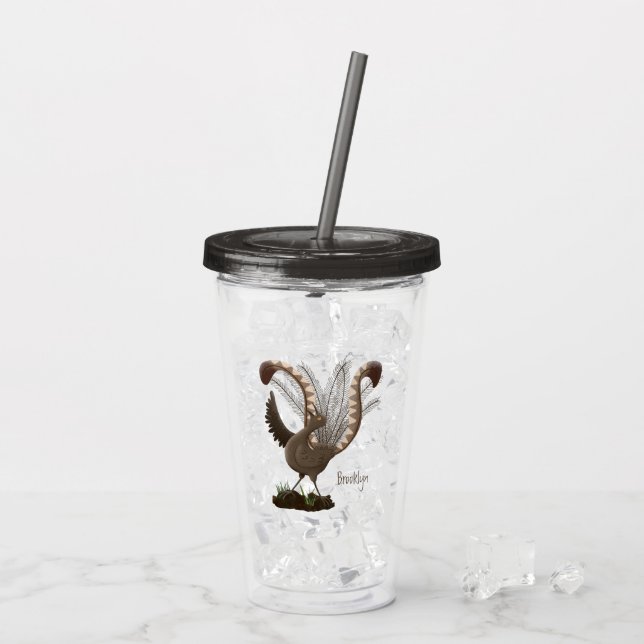 Cute lycklig superb lyrebird tecknad illustration take away mugg (Baksida Ice)