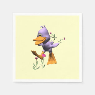 Cute Lycklig Tecknad Anka som går genom blommor Pappersservett
