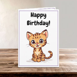 Cute Lycklig Tecknad Bengal Cat Kitten Birthday Kort