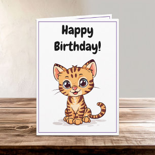 Cute Lycklig Tecknad Bengal Cat Kitten Birthday Kort