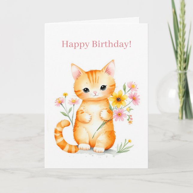 Cute Lycklig Tecknad Cat Kitten Birthday Kort (Framsida)