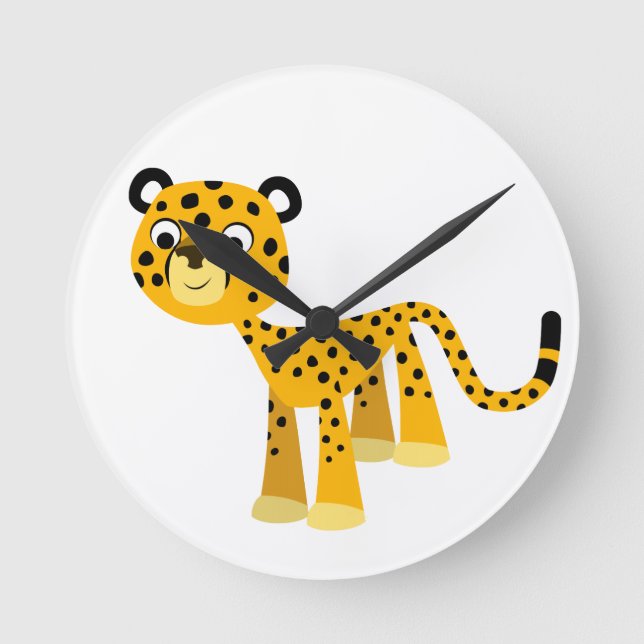 Cute Lycklig Tecknad Cheetah Wall Clock Rund Klocka (Framsida)