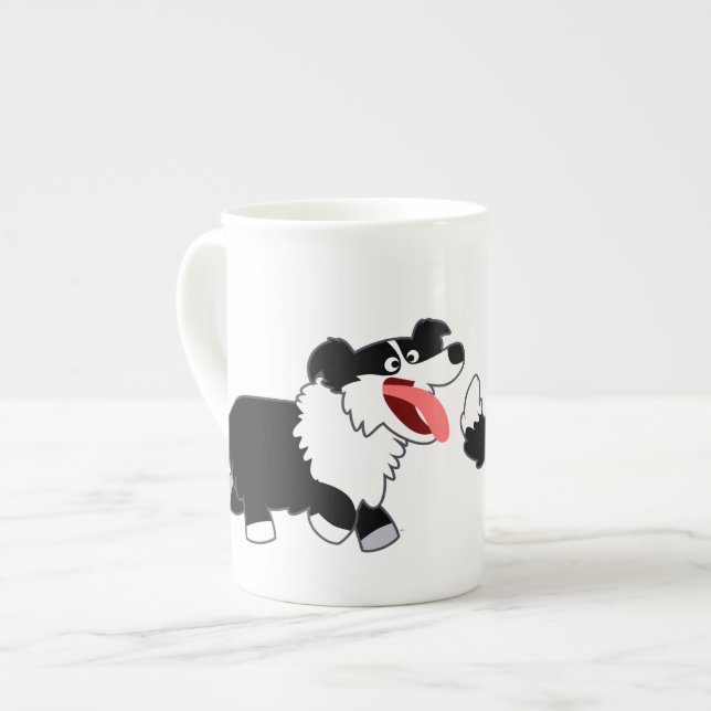 Cute Lycklig Tecknad Gräns Collie Bone China Mugg Benporslin Mugg (Framsida vänster)