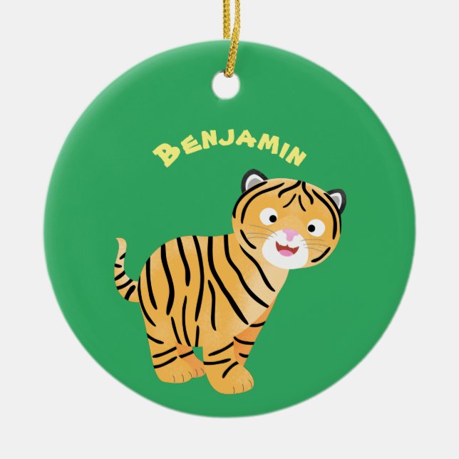 Cute lycklig tiger unge tecknad julgransprydnad keramik (Framsidan)