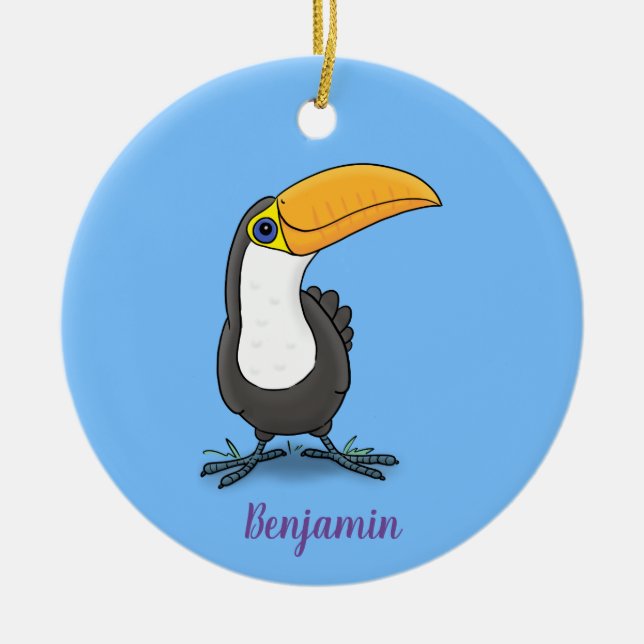 Cute lycklig toucan tecknad illustration julgransprydnad keramik (Framsidan)