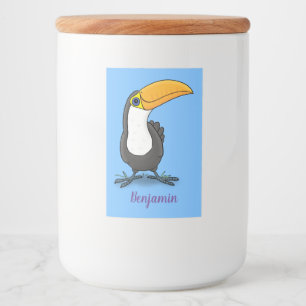 Cute lycklig toucan tecknad illustration mat etikett
