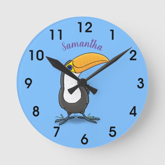 Cute lycklig toucan tecknad illustration rund klocka (Framsida)