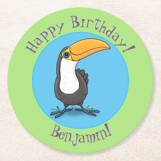 Cute lycklig toucan tecknad illustration underlägg papper rund (Framsidan)