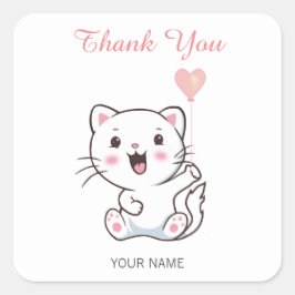 Cute Lycklig White Cat med hjärtballong Tack Fyrkantigt Klistermärke