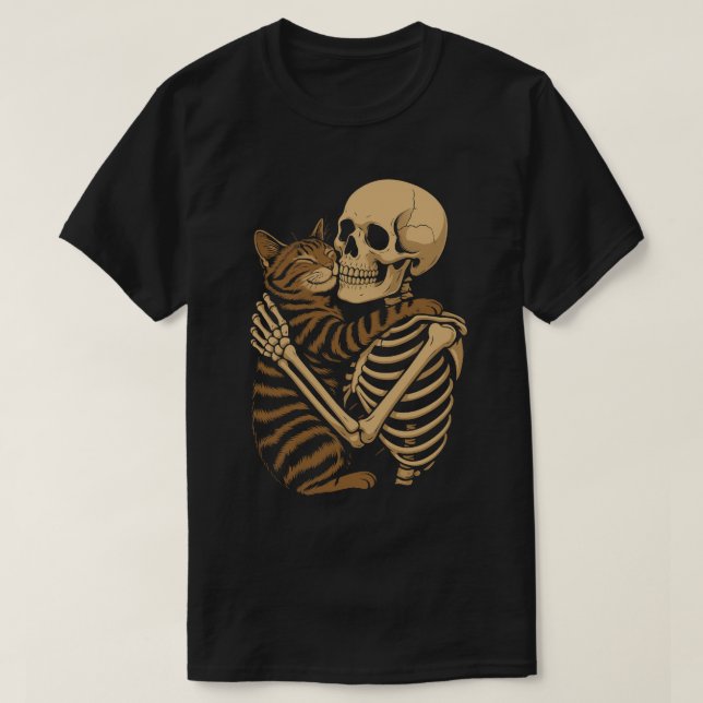 Cute Macabre Cat Hug - Skeleton och Kattunge T Shirt (Design framsida)