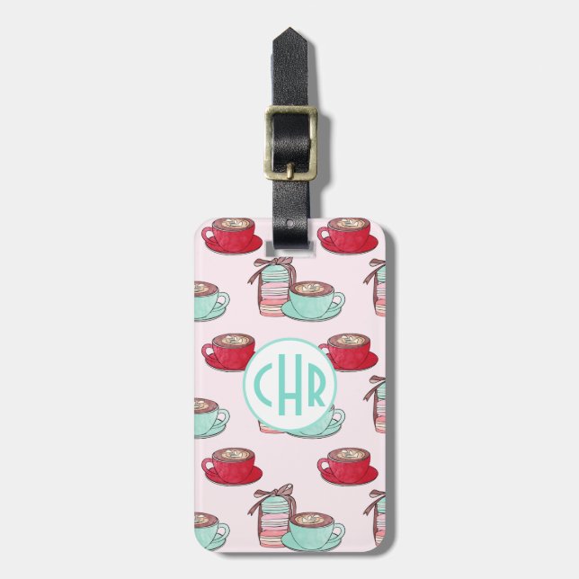 Cute Macarons och Cappuccino | Pastel | Monogram Bagagebricka (Vertikal Framsida)