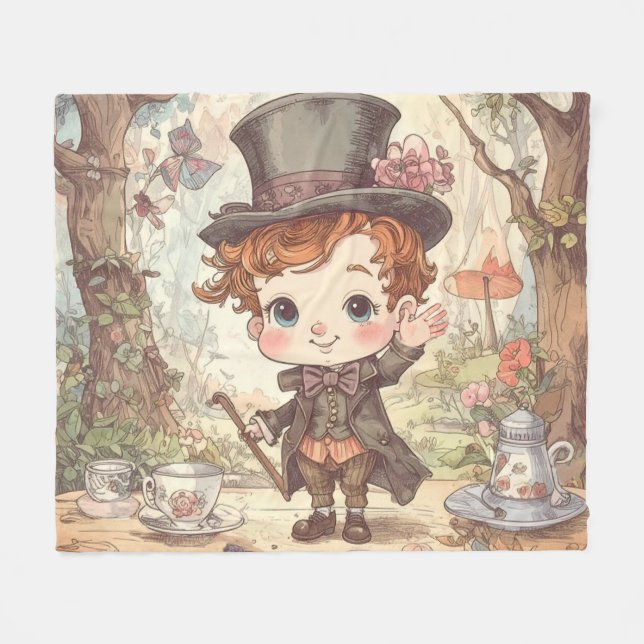 Cute Mad Hatter Whimsical Wonderland Woodland Art Fleecefilt (Framsidan (Horisontell))