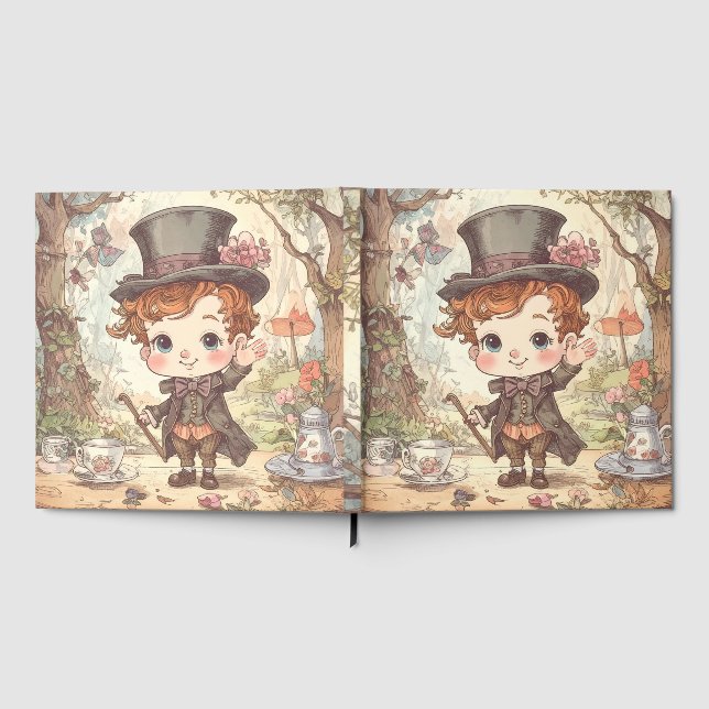 Cute Mad Hatter Whimsical Wonderland Woodland Art Gästböcker (Full)