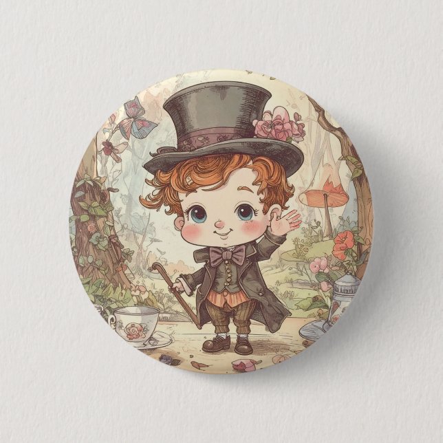 Cute Mad Hatter Whimsical Wonderland Woodland Art Knapp (Framsida)