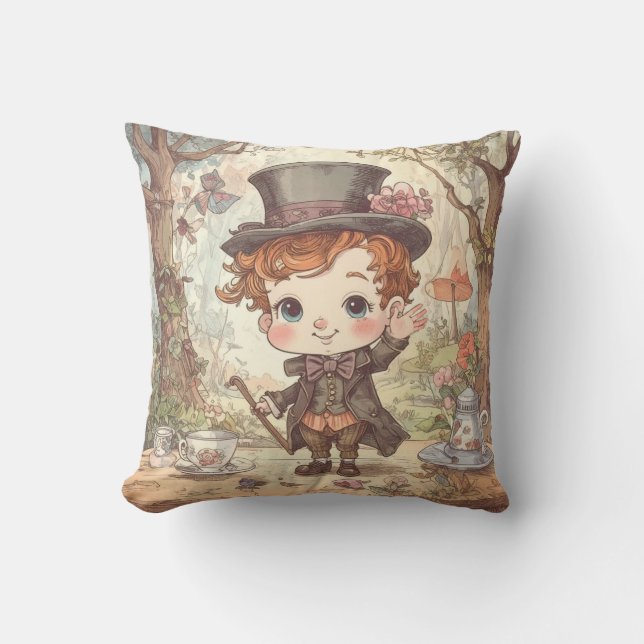 Cute Mad Hatter Whimsical Wonderland Woodland Art Kudde (Framsida)