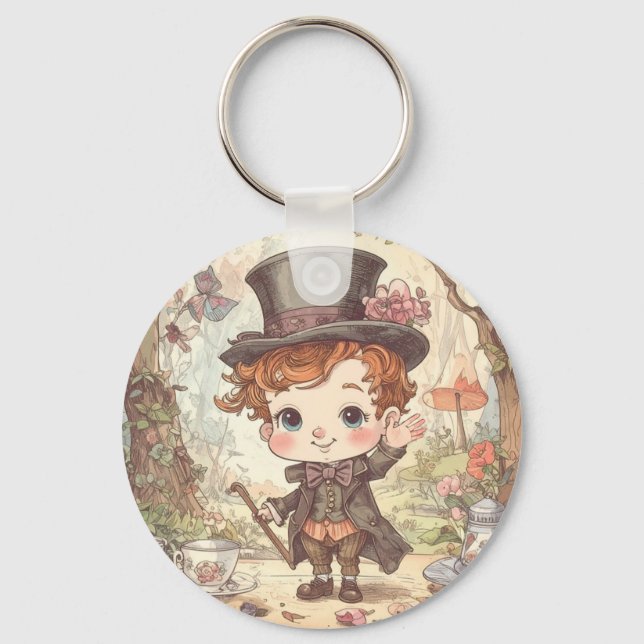 Cute Mad Hatter Whimsical Wonderland Woodland Art Nyckelring (Framsida)
