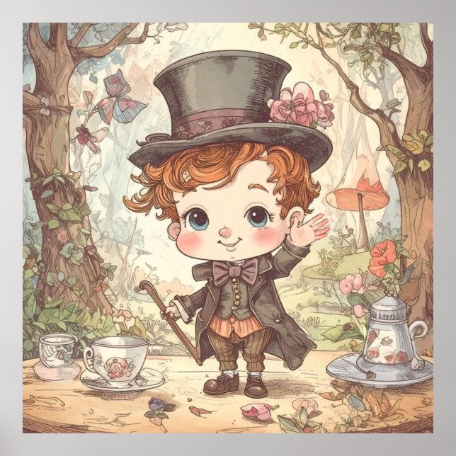 Cute Mad Hatter Whimsical Wonderland Woodland Art Poster (Framsidan)