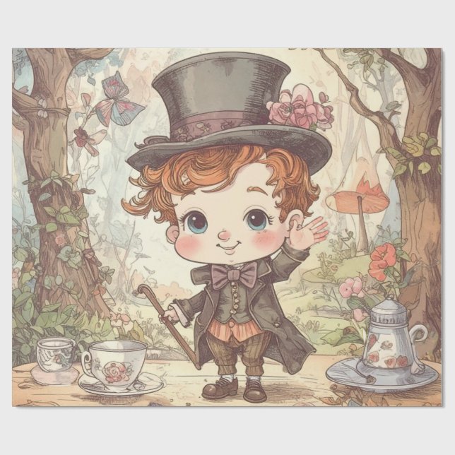 Cute Mad Hatter Whimsical Wonderland Woodland Art Presentpapper (Platt)