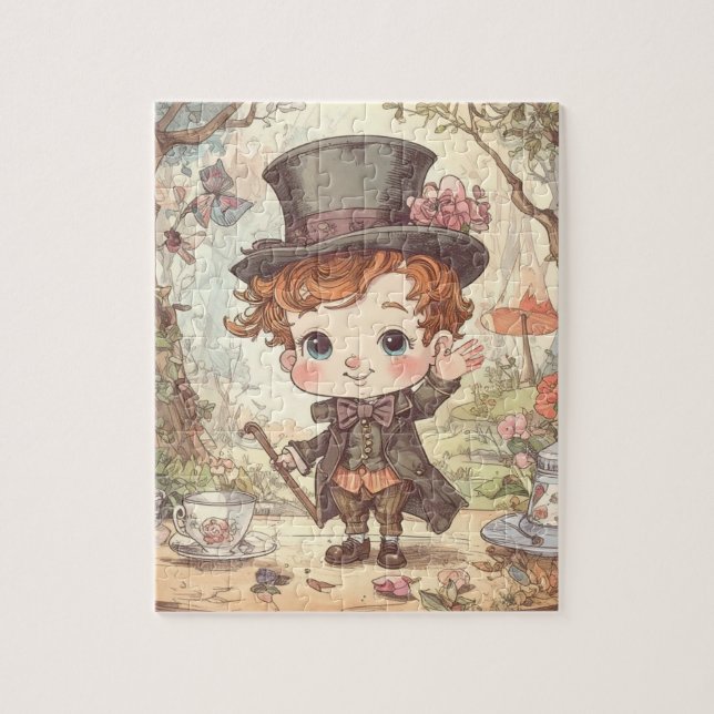 Cute Mad Hatter Whimsical Wonderland Woodland Art Pussel (Vertikal)