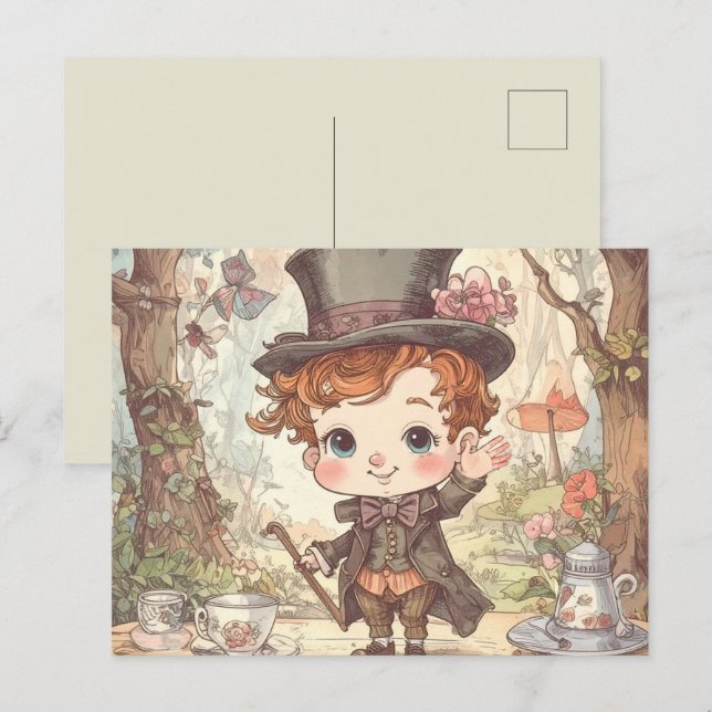 Cute Mad Hatter Whimsical Wonderland Woodland Art Vykort (Fram/baksida)