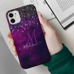 Cute magenta black faux glitter monogram
