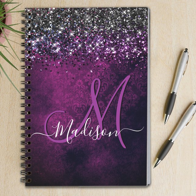 Cute magenta black faux glitter monogram anteckningsbok (Skapare uppladdad)