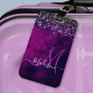 Cute magenta black faux glitter monogram bagagebricka