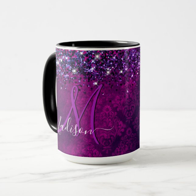 Cute magenta black faux glitter monogram mugg (Framsida vänster)