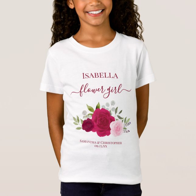 Cute Magenta Pink Roses Flower Girl Gift Wedding T Shirt (Framsida)