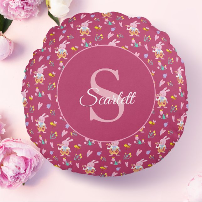 Cute magenta-trädgården mönster Monogram Namn Rund Kudde (Skapare uppladdad)