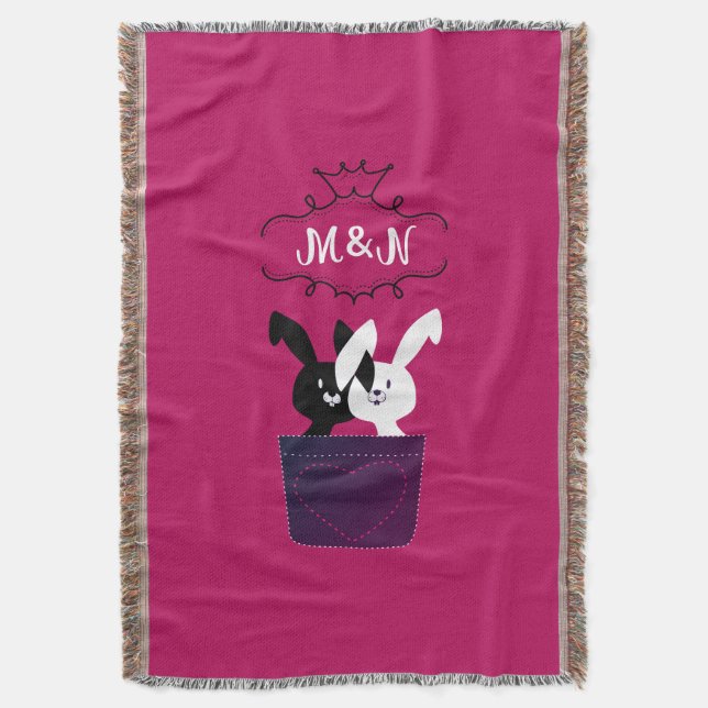 Cute Magenta with Black and White Bunnies Tecknad Filt (Framsidan Vertikal)