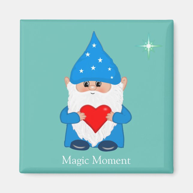 Cute magi gnome med hjärta på teal magnet (Framsidan)
