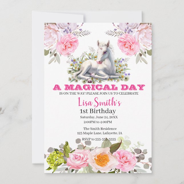 Cute Magic Baby Unicorn 1:a födelsedagen Inbjudningar (Framsida)