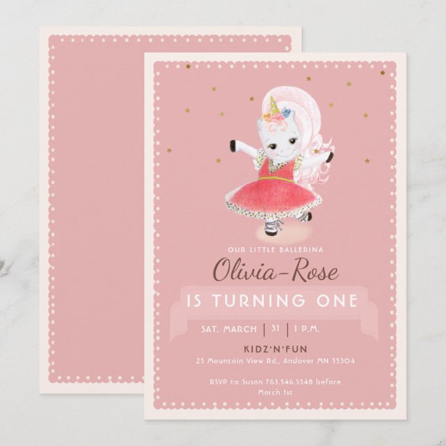 Cute Magic Ballerina Unicorn Rosa Girl Birthday Inbjudningar (Fram/baksida)