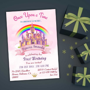 Cute magic castle-regnbågprinsessan 1:a födelsedag inbjudningar