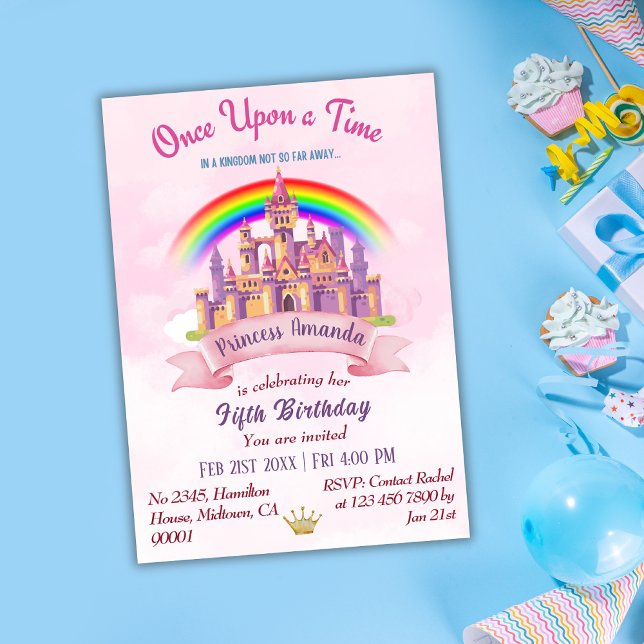 Cute magic castle-regnbågprinsessan 5:e födelsedag inbjudningar (Skapare uppladdad)